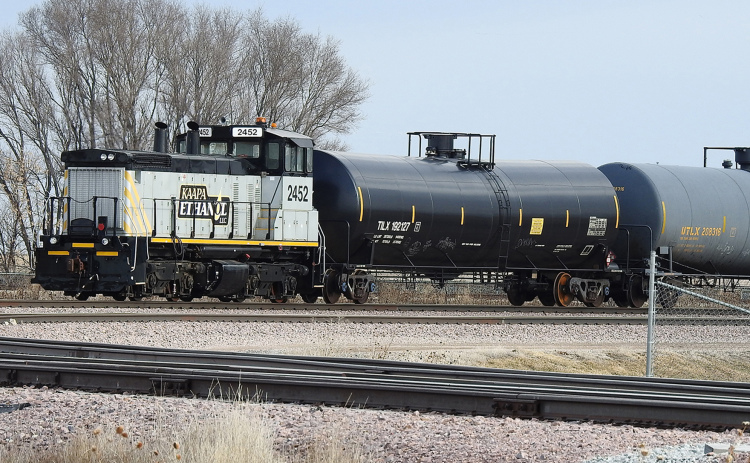 Photo by Lori Potter/Minden Courier All of the ethanol produced at the KAAPA Ethanol Minden plant is transported to California on a BNSF Railway line. Each car can carry 28,800 gallons.