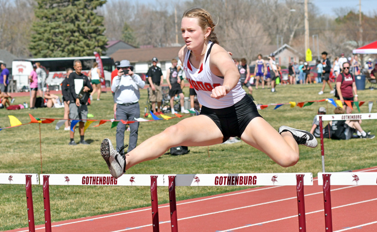 Eva Fahrnbruch soars over the second-to-last hurdle during the 100 preliminaries at Gothenburg’s Dutch Zorn Invite Thursday. Fahrnbruch went on to set new PRs in both the 100 and 300 hurdles, 16.64 and 47.39.