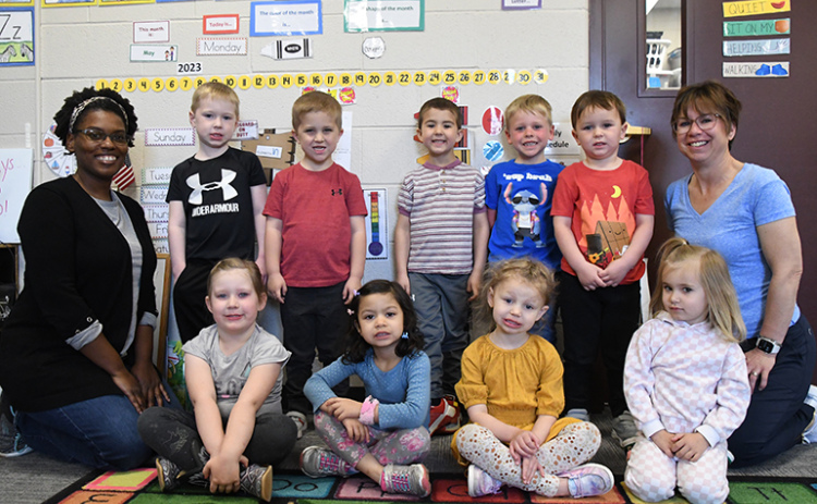 An United Aurora Methodist TLC preschool class pictured front from left: Brexley Kunze, Elizabeth Weir, Rory Luhn and Leightyn Jensen. Back row, TLC assistant teacher Erin Sams, Jaxton Kunze, Cooper Vettel, Traxton Perry, Jack Danhauer, Jameson Griffin and TLC preschool director Sara Willis. TLC is adding two Friday classes this fall due to an expanding number of children on the waiting list.