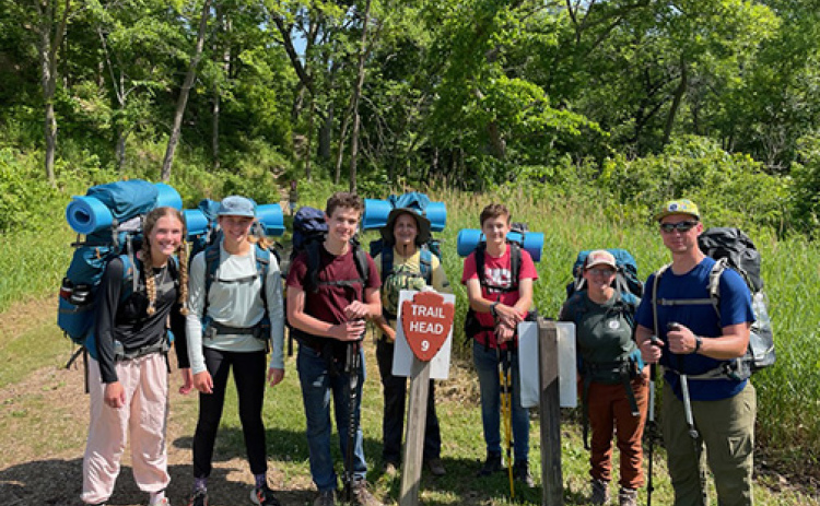 Students enjoyed a backpacking trip, learning new outdoor recreation skills, during time at Indian Cave State Park. From left: Lanee Connell, Carly Connell, Atticus Miller, Zildjian Sandberg, Calvin Miller (YNE students) and Josie Ivy (Prairie Plains Intern), Alex Briner (backpacking instructor).