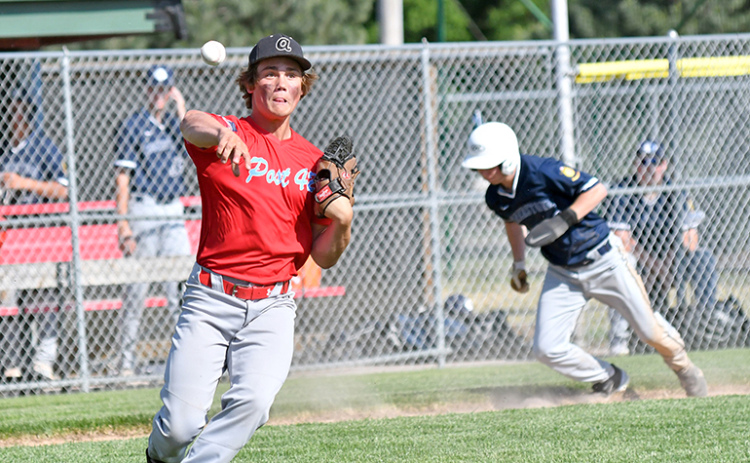 Collin Stolpe fields a short grounder from the pitcher’s mound and fires to first during Aurora’s 7-6 loss to York May 31.