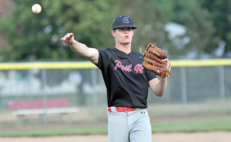 Layton Hohm fires over to first base for an out during Aurora’s game with PWG June 27.