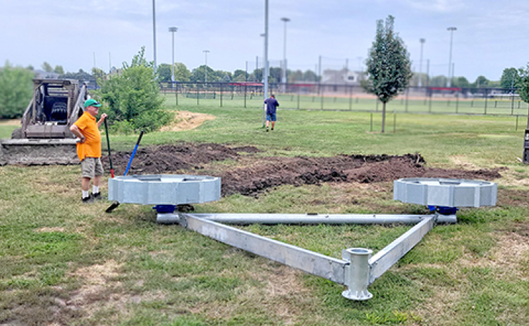 Hole No. 5 of the new disc golf course in Streeter Park will be located under a vintage center pivot irrigation tower.