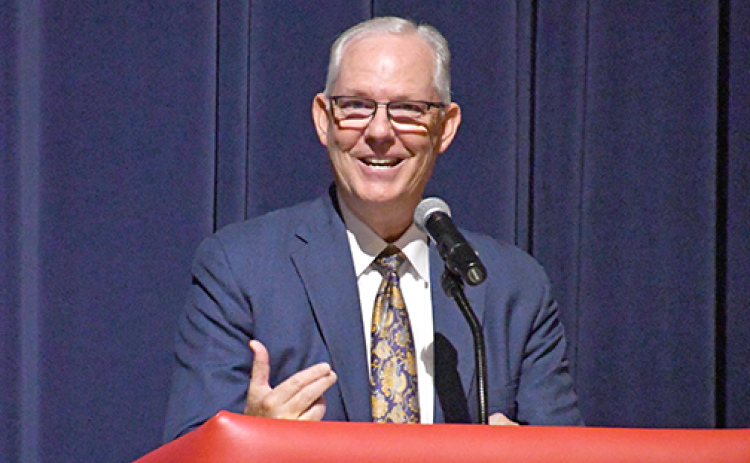 NDE Commissioner Brian Maher addresses the Aurora teaching staff last week during a three-day visit here, which included a Friday board meeting at The Leadership Center.
