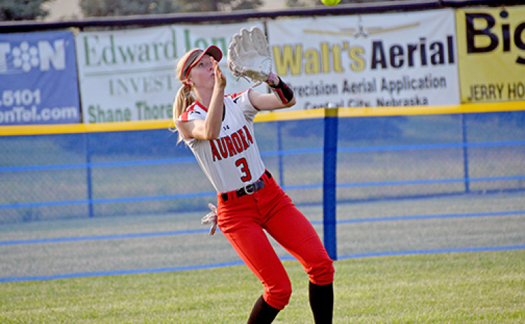 Adi Fahrnbruch hauls in a fly ball to left field during Aurora’s 11-1 win over Centennial Thursday.