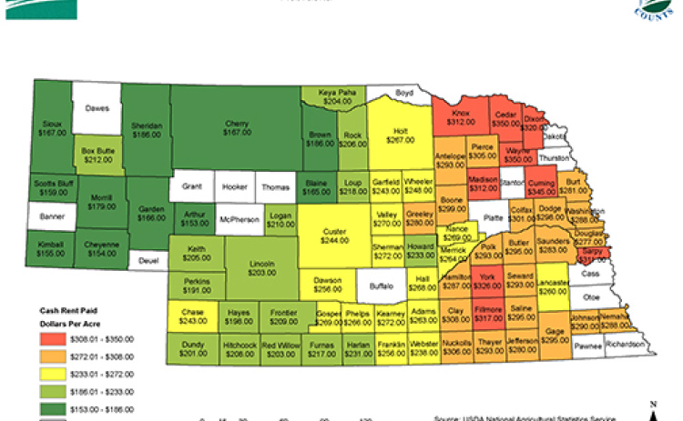Irrigated cropland in Nebraska commanded the highest prices for cash rent in 2023, ranging from a low of $153 an acre in the northern Panhandle to a high of $350 an acre in northeastern counties.