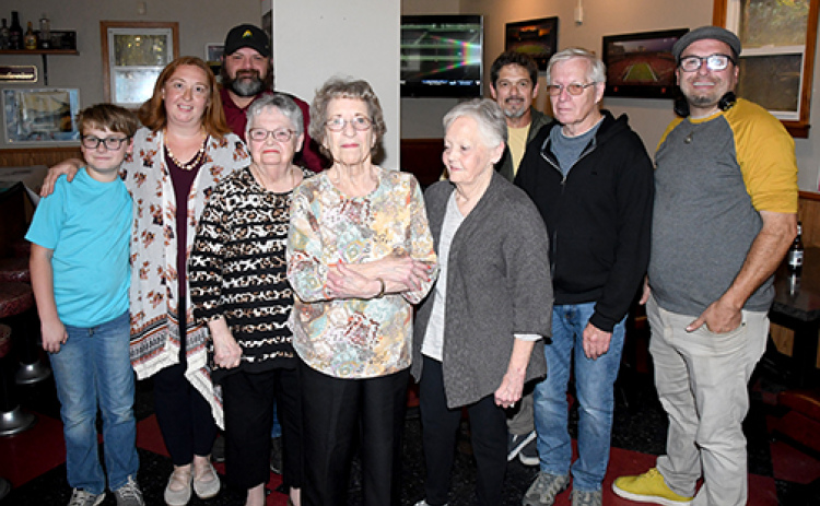Family members of the Grandview Cafe’s original owners, Everett and Doris Blackburn, gathered for a celebration on the opening’s 70th anniversary. Pictured from left are Anthony, Laura and Chase Smith (representing the late Monty Blackburn); Donna Goertzen, family friend Janet Grosshans, Gay (Blackburn) Johnston, Troy Goertzen, John Johnston and George Brosman.