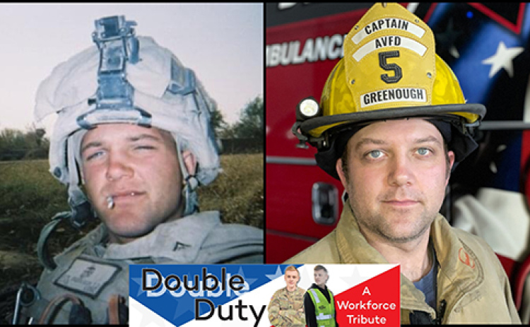Tanner Greenough, seen on the left in Afghanistan during his service with the U.S. Marines and at right in his bunker gear as a captain on the Aurora Volunteer Fire Department, served the past two years as EMS supervisor for the Aurora Fire Department and Ambulance Service.