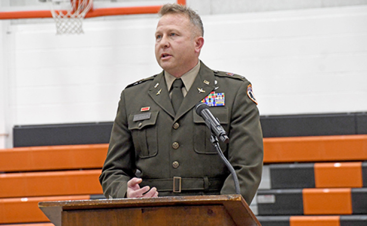Matt Greathouse, a full-time flight instructor for CH-47 helicopter pilots with the Nebraska National Guard was the speaker for the Giltner School Veterans Day program on Nov. 7.