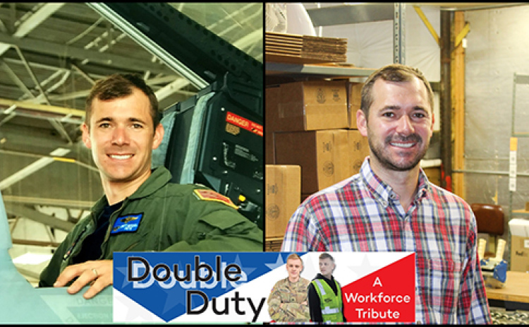 At left, Lt. Brett Mitchell sits in the cockpit of an F-18 Super Hornet during his days as a Navy fighter pilot. The photo on the right shows him in the warehouse of Fontel in Aurora where he now serves as president.