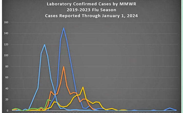 A chart provided by the Central District Health Department shows the rise and fall of the flu seasons of 2019-2023.