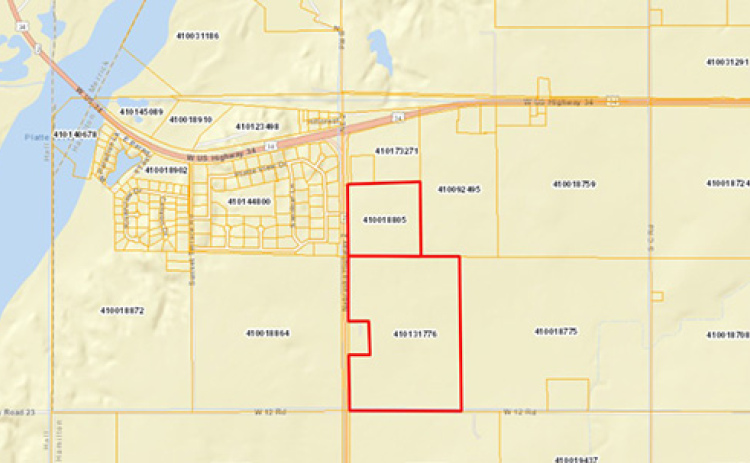The 146 acres of Hamilton County farm ground owned by Mt. Edna Farms, a shell company owned by billionaire Bill Gates, is in two adjoining parcels (outlined in red) near the intersection of Highway 34 and Nebraska 2.