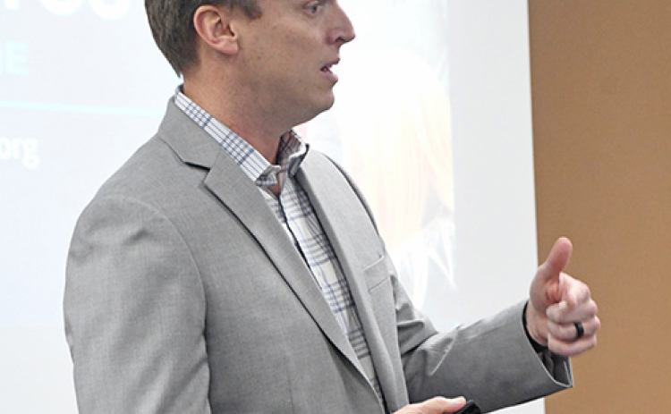 Scott Phillips outlines to the Aurora Rotary Club his plans and goals for his year of representing the state and Aurora as the 2024 Nebraska Teacher of the Year.