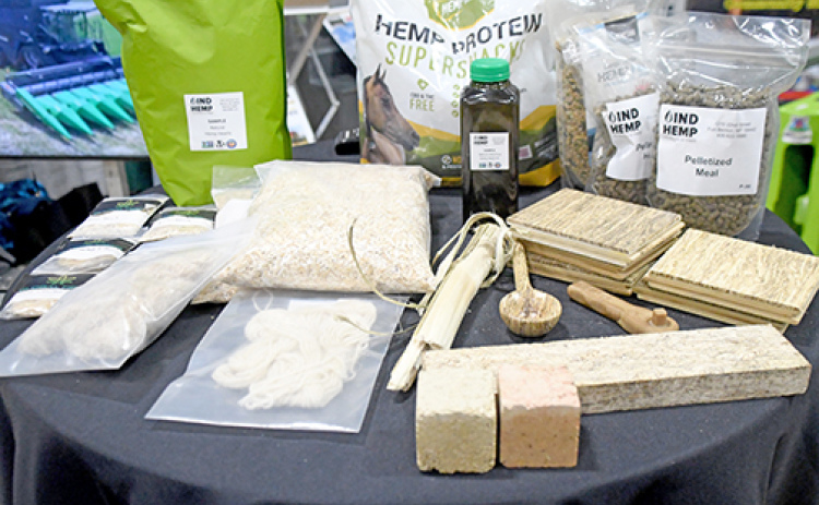 The Bish Enterprises booth at Nebraska Ag Expo in December displays various innovative products made from hemp. Two years ago the Giltner company created a fiber cut machine which is a multi-height sickle mower for the hemp stalk.