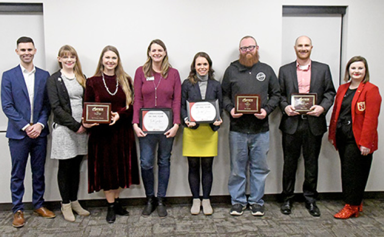 Pictured from left are: Dereck Djernes, Chamber president; Kathryn Larson and Jana Gibson representing the Plainsman Museum, Civic Business of the year; Faith Gustafson, Ambassador of the Year; Jennifer Dennis, Ambassador of the Year; Paul Johnson with the Youth Center, Rising Star Award; Brock Wyatt, Community Leader of the Year; and Justise Rhoden, executive director of the Aurora Chamber of Commerce. Not pictured is Deanna Powell, owner of Dream Designs, which was recognized as Small Business of the Year