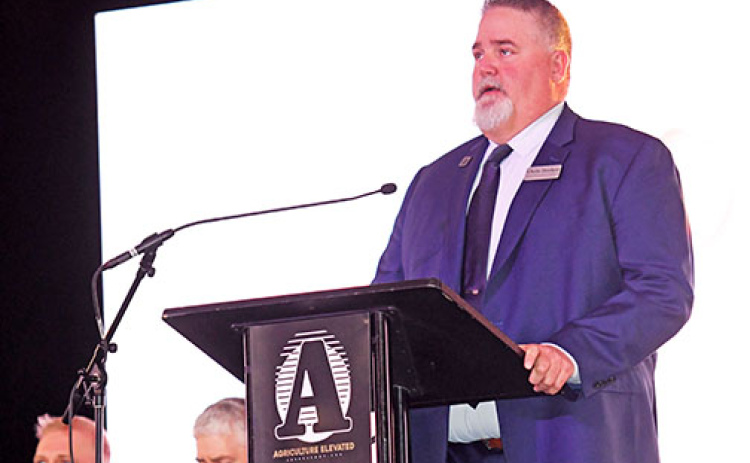 Aurora Cooperative President and CEO Chris Decker shares his management report during last week’s annual business meeting, which kicked off the company’s  summit at the Nebraska State Fairgrounds. More than 600 people attended the one-day event.