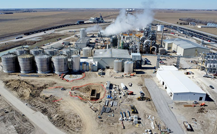 This drone photo shows some of the recent changes made at the KAAPA Ethanol plant on the west edge of Aurora. Chuck Woodside, the company’s CEO, said he expects the plant’s capacity to reach 150 million gallons of ethanol per year by this fall.