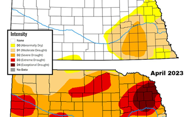 This comparison of U.S. Drought Monitor maps from April 11, 2023 and the same date this year shows how much the drought conditions have improved over the last 12 months, especially in the western two-thirds of the state.