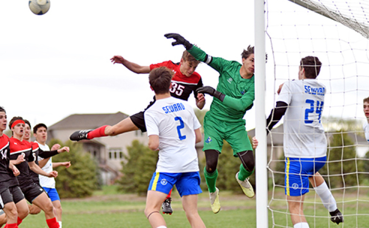 Aurora’s Ian Jensen was denied on this potential header opportunity from a Breckin Hatch corner kick early in the second half of Aurora’s 1-0 win over Seward last week.