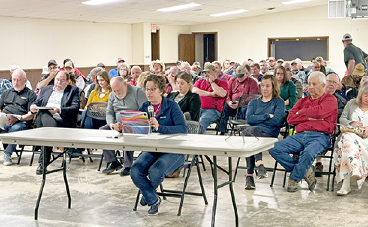 Tina Oswald testifies against granting a conditional use permit to Synergen Green Energy at a county Joint Planning and Zoning Commission hearing on March 19.