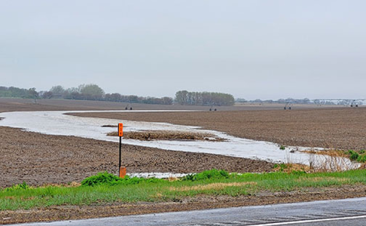 A waterway in a field west of Highway 14 near Marquette flows with muddy water on Friday morning as more than four inches of overnight rain runs off.