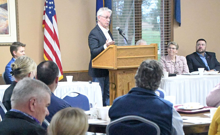 Dist. 34 Sen. Loren Lippincott delivers remarks at the prayer breakfast on Thursday at the Leadership Center. The senator said the church should be the “burr of conscience for the state.”