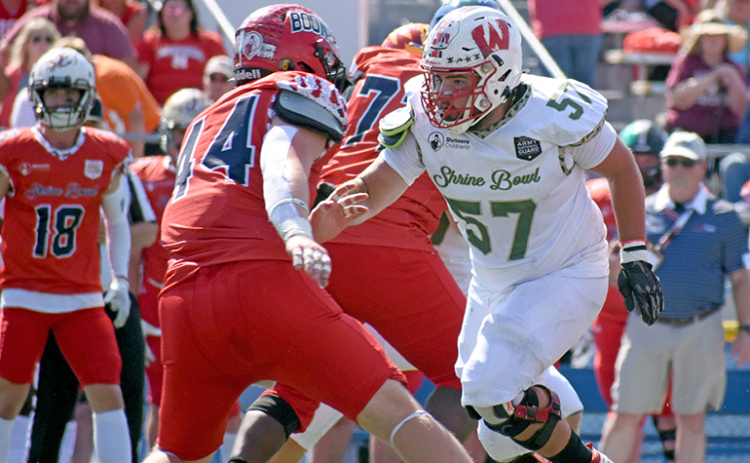 Kellen Peterson played on the defensive line for the South team in the 66th annual Shrine Bowl game in Kearney Saturday.