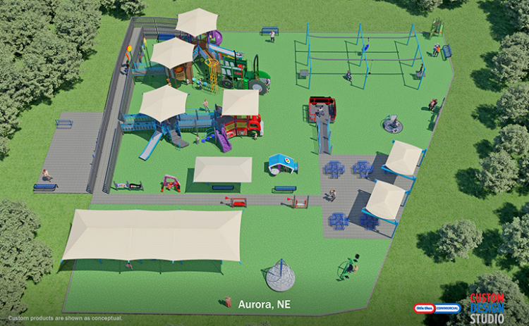 The preliminary design for the Hamilton County Inclusive Playground is seen in this artist rendering from the designers. Playground organizers are awaiting the final design which will add about 6,000 square feet to the project. The top of the photo represents Old Creek Road where the playground will be located.