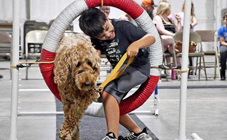 Camper Asher Heiss jumps through a hoop with furry companion, Leo, on the obstacle course that was part of the closing dog show at Edgerton’s Mars Petcare Dog Science Camp.