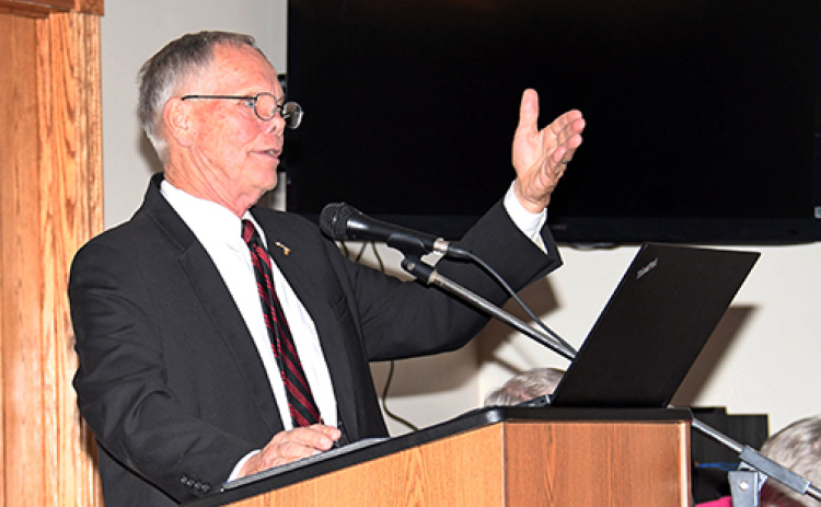 Aurora Mayor Marlin Seeman addresses a crowd of approximately 100 people Monday during a public hearing focused on the city’s proposed 2024-25 budget.