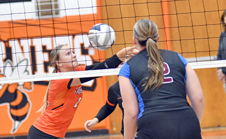 Gracie Kreutz keeps the ball alive during Giltner’s two-set win over Newman Grove/St. Edward.