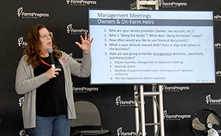 Extension economist Jessica Groskopf with the UNL Center for Ag Profitability gives a talk on Sept. 12 at Husker Harvest Days detailing how to smoothly pass along a farm business and assets to the next generation.