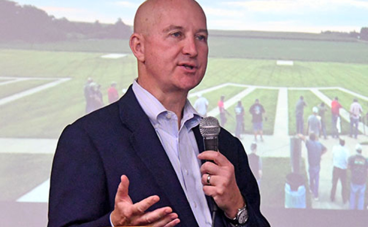 U.S. Senator Pete Ricketts speaks to Hamilton County Corn Growers at a dinner that followed the annual plot tour last Monday. He talked about the chances for a new U.S. farm bill, government regulations and the need to step up international trade efforts.