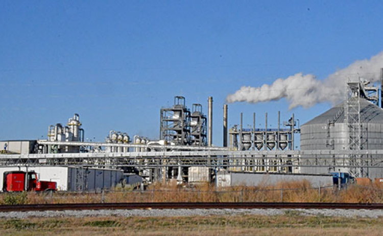 The east side of the KAAPA ethanol plant at Aurora West as it appeared the morning after an explosion rocked the grain elevator side of the facility last Tuesday night. The corn dust explosion is believed to have been caused by the failure of a bearing in the elevator’s grain leg.