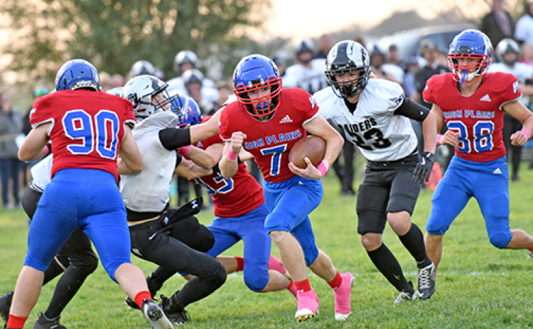 HPC’s Ayden Hans (81) and Hudson Urkoski signal Storm football after a Lawrence-Nelson fumble early in the game. Urkoski would come up with two turnovers on his own merit -- an interception and fumble recovery.