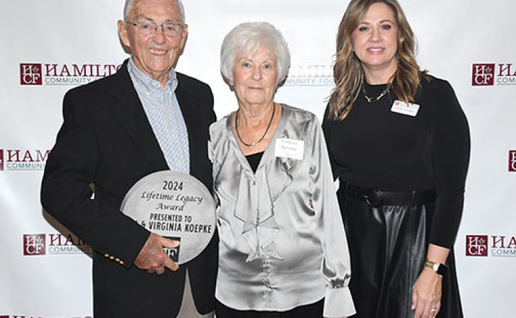 Jim and Virginia Koepke received the Hamilton Community Foundation’s Lifetime Legacy Award, which was presented by Tammy Morris, HCF’s executive director.