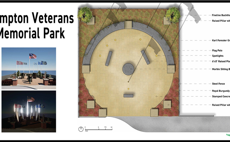 The plan for a veterans memorial park in Hampton includes a stamped concrete plaza, statues and flag poles for the American Flag and flags for each branch of the service. It is to be located in a vacant lot just south of the city hall.