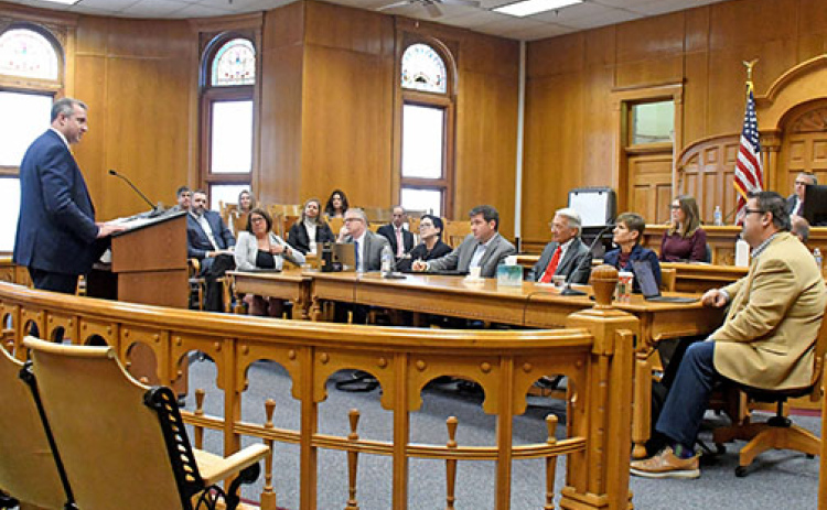 District Court Judge David Bargen, left, addresses the Nebraska Judicial Nominating Commission, which met in the District Courtroom at the Hamilton County Courthouse last Thursday. Bargen was one of three candidates to be interviewed for nomination to the state’s high court.