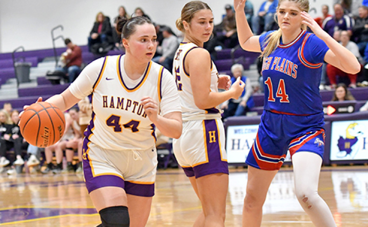 Hampton’s Gavin Gilmore (44) shown here from an earlier season game against High Plains, scored 34 points and 14 rebounds for the Hawks against Shelby-Rising City, good enough for No. 3 on the all-time single game scoring list.