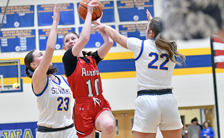 Kenna Merrihew looks for an inch of space to put up a midrange jumper.