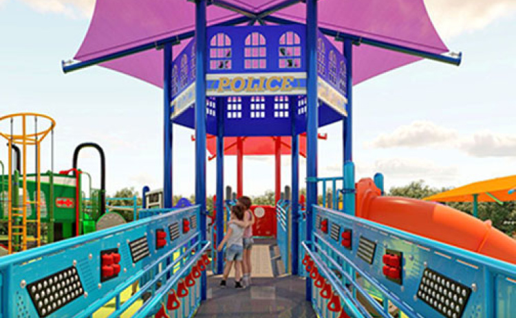 This concept art for the Hamilton County Inclusive Playground shows some of the design elements. The playground will have a “Community Heroes” theme, celebrating police and other first responders, as well as farmers and medical professionals.