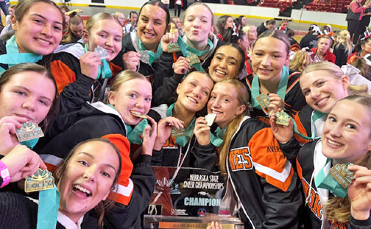The Giltner Cheer team won its first state championship title at the 2025 Nebraska Cheer & Dance competition on Friday, Feb. 21. Members of the team include (front row, from left): Karly Eastman, Addison Wilson, Addison Bradley, Gracie Kreutz, Avery Reeson, Peyton Schutt. Back row: Ciany Ledezma-Martinez, Kalie Cady, Kailyn Wilson, Jayci Buettner, Giovanna Nogara, McKaya Petzoldt and Eliana Bish.