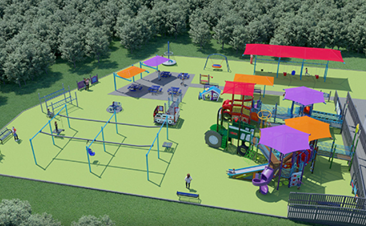 The Hamilton County Inclusive Playground will be located on city property along Old Creek Road north of Lincoln Creek. It will have playground equipment designed for children of all abilities to be able to play together. This concept art looks toward the south from the perspective of Old Creek Road.