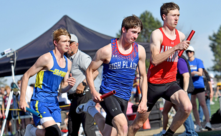 Both High Plains and Aurora competed in the 3200 relay at Monday’s Central Nebraska Track championships. HPC’s Haden Helgoth and Aurora’s Brett Mellies started the race for their respective teams, both of which ran PR times on the day (Aurora 8:15.24 and HPC 8:52.61).