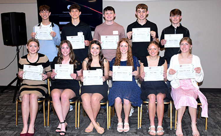 Members of the Youth Engaged in Philanthropy program’s senior class cohort include, front from left: Kennedy Kleinschmidt, Piper Oswald, Morgan Calkins, Jasmine Hansen, Macy Miller, Emma Ellis-Sack. Back from left: Jake Cattau, Parker Smith, Bryce Joseph, Kash Majerus, Keelan Phillips.