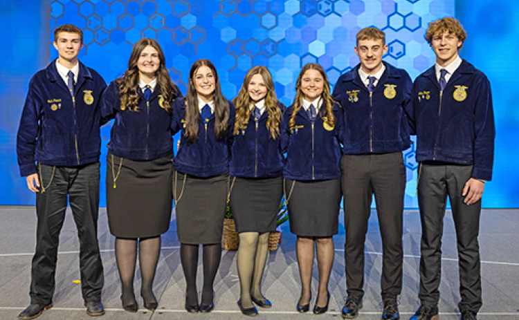 Pictured from left are State VP Josh Pierce, Pleasanton; State VP Jadyn Tidyman, Chadron; State VP Meredith Ruda, Logan View; State VP Alexis Davis, York; State Secretary Leah Christen, Lewiston; State VP Kash Majerus, Aurora and State President Jake Rezac, Bishop Neumann.