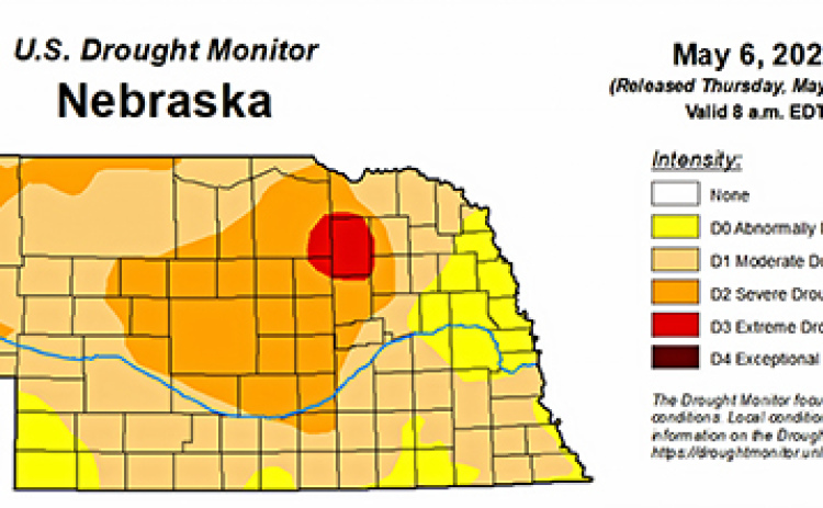 The latest Nebraska map from U.S. Drought Monitor shows that conditions in the state range from abnormally dry to extreme drought, with the dryest conditions in the northwestern and northeastern regions of the state.