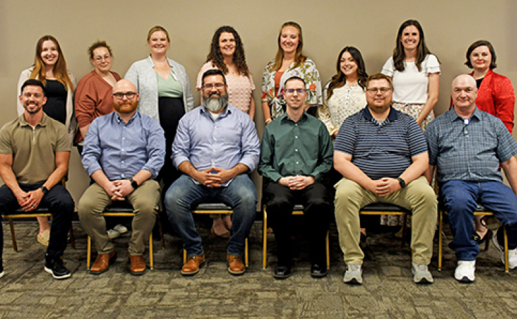 Members of the 2025 Hamilton County Leadership Class are shown at the Bremer Community Center along with chamber Aurora Chamber of Commerce director Justise Rhoden (top right), include front row, from left: Tyler Jensen, Jake Richardson, Elijah Landell, Phil Erb, Darren Holzinger, Carlin Engert. Back row: Sierra Collazo, Rachel Zimmerman, Chancy Hanquist, Emily Stolpe, Bekah Mead, Hannah Driewer and Paige McQuiston. Not pictured: Peggy Scribner.