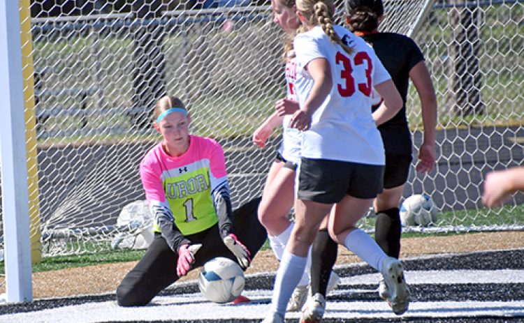 Aurora keeper Tainee Merrihew (1) pitched back-to-back shutouts in the final two regular season games, but couldn’t get a third straight Saturday during a 1-0 loss to Hastings in the B-7 subdistrict opener.