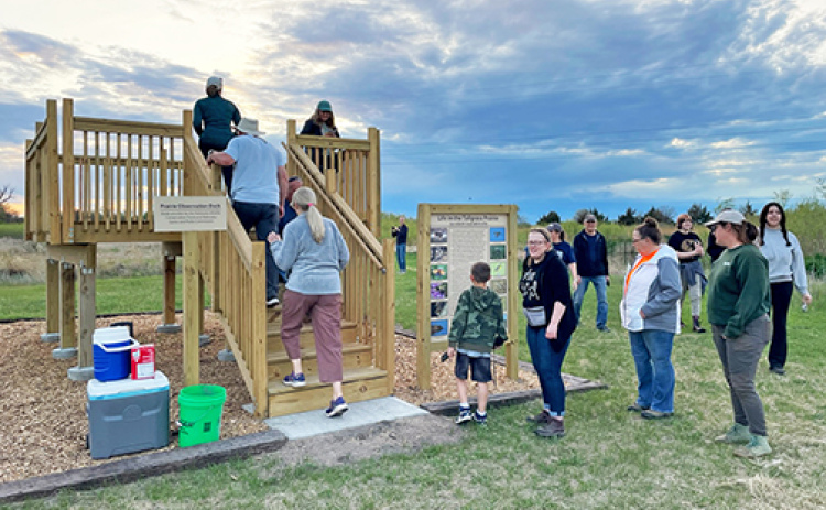On Thursday, May 1, 13 visitors hiked together on Tallgrass Prairie Trail to get a first look at the observation deck.